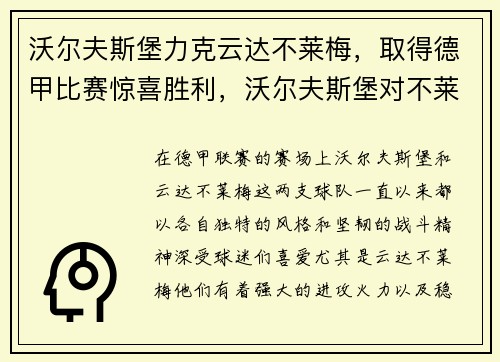 沃尔夫斯堡力克云达不莱梅，取得德甲比赛惊喜胜利，沃尔夫斯堡对不莱梅