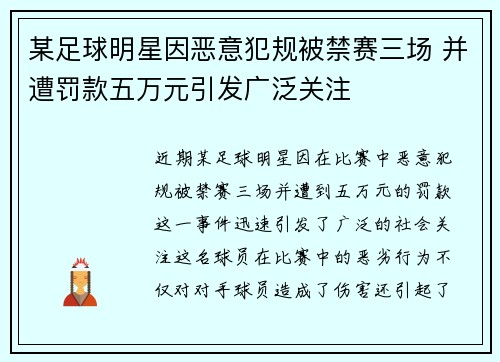 某足球明星因恶意犯规被禁赛三场 并遭罚款五万元引发广泛关注
